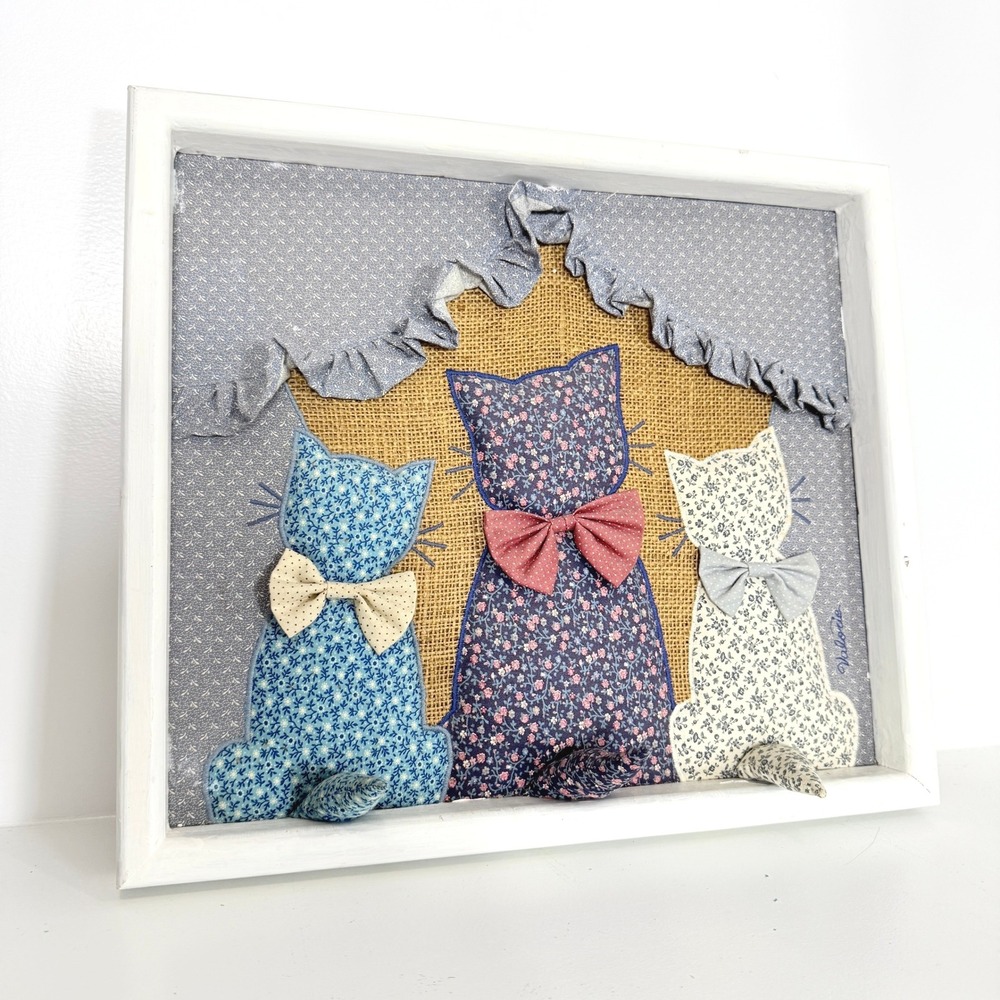 Valorie Sockwell 3D Cat Wall Art Fabric Applique Floral Folk Art Cottagecore 80s